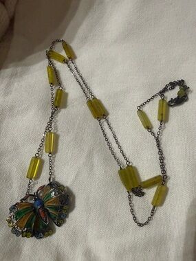 Green glass Bead Butterfly Pendant Necklace - Women Jewelry